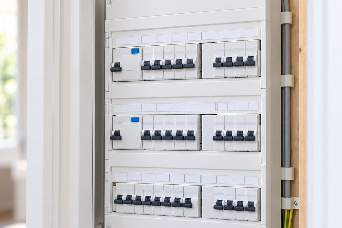 Nieuwe groepenkast met automaten en aardlekschakelaars in een meterkast